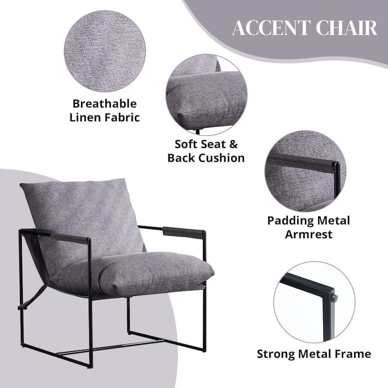 Modern Accent Linen Sling Chair with Metal Framed Soft Bag Cushion, Comfy Accent Chair for Living Room Office
