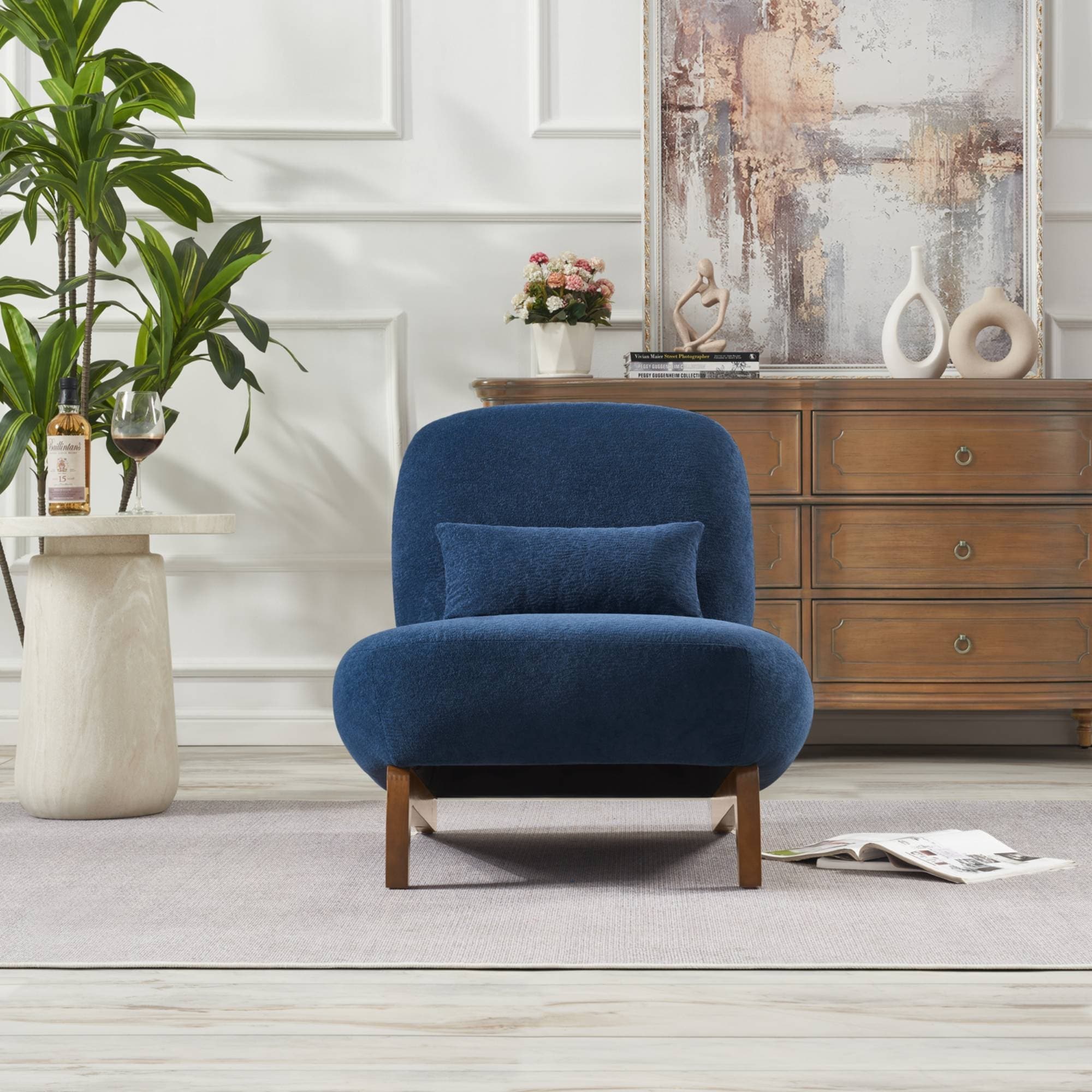Simple Sofa Chair Side Chair with Wooden Legs, Vanity Chair Armless Chair Reading Chair Padded Chair