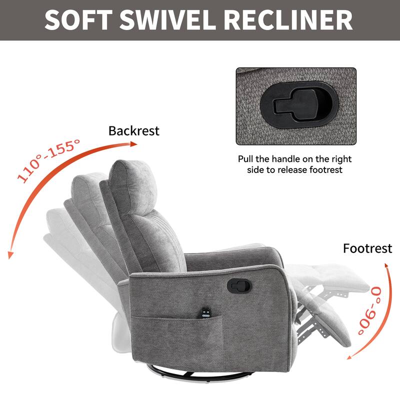 Fabric Recliner Chair with Massage Heat Rocker and 360 Degree Swivel