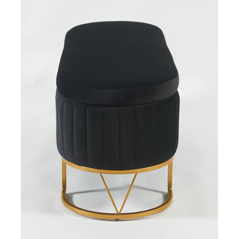 Oval Velvet Storage Bench with Metal Legs Upholstered Bedroom Bench, Modern Storage Ottoman Bench