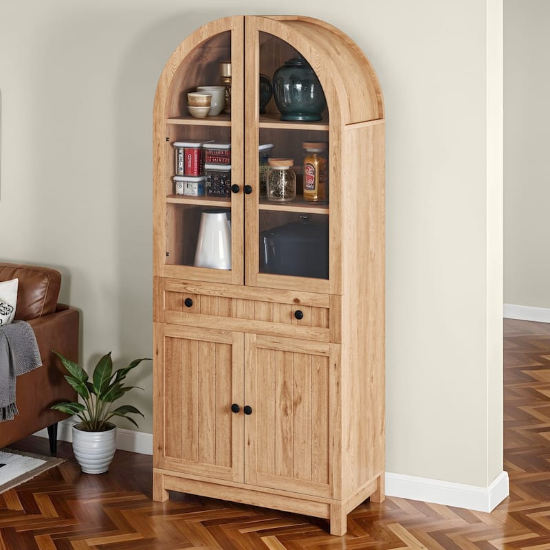 71 Inch Tall Farmhouse Arched Pantry Cabinet with Large Drawers and Adjustable Shelves for Kitchen Storage Organization