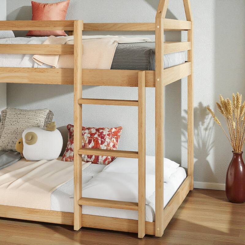 Twin Over Twin Floor Bunk Bed with House Roof Design, Rubber Wood Frame, Ladder and Guardrails for Kids Bedroom