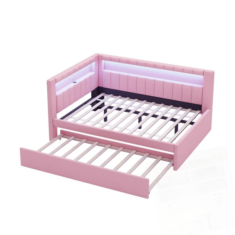 Upholstered Platform Bed with USB Ports and LED Belt With Trundle
