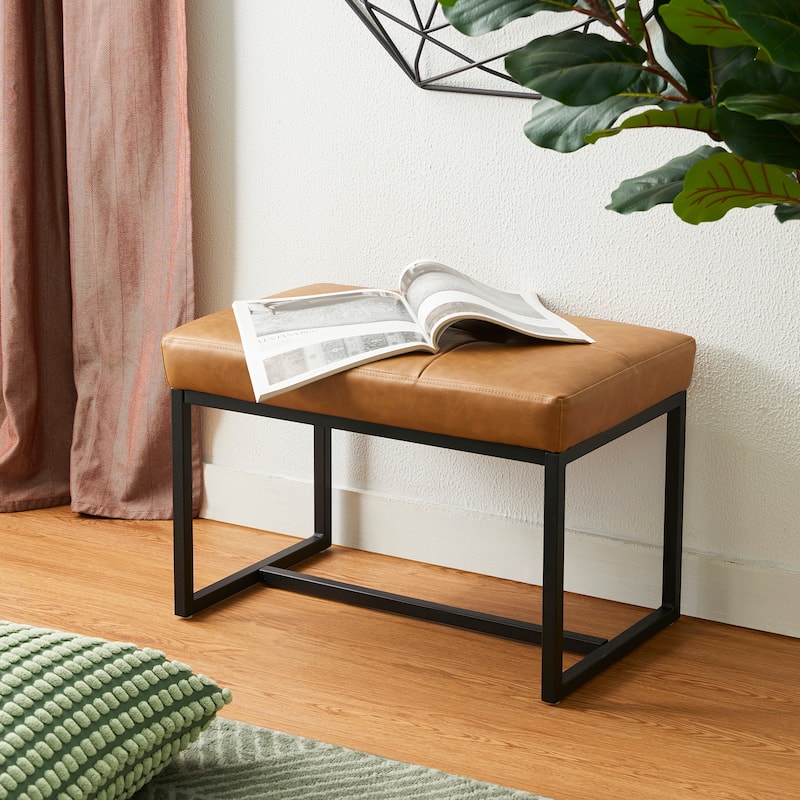 Glitzhome 24"W Modern PU Leather Button-tufted Ottoman Foot Stool - Camel