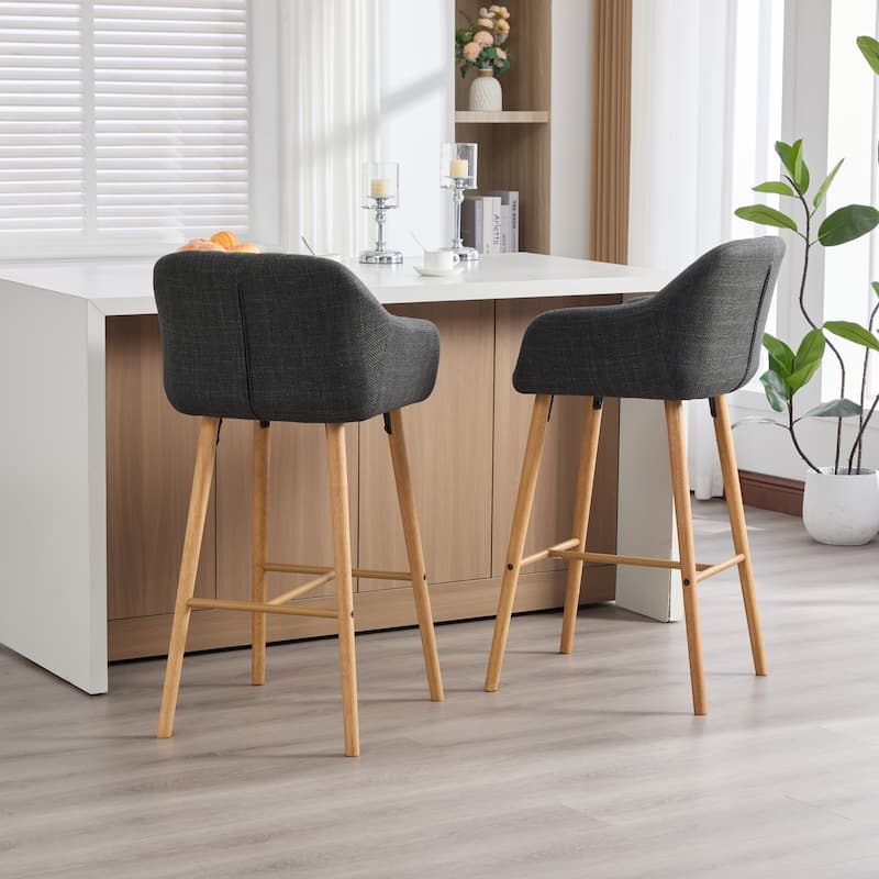 Modern Bar Stools Set of 2, Kitchen Island Tall Chairs with Back, Arm, Footrest and Solid Wood Leg, Upholstered Bar Stools