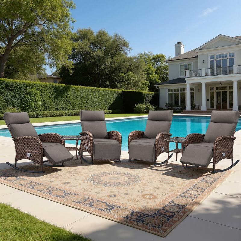 Meyreso 6-Piece Wicker Rocking Reclining Chaise Lounge with Adjustable Backrest & Footrest - Grey