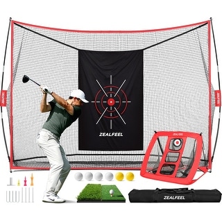 Zealfeel Golf Practice Net 10x7FT with Chipping Target, Mat, Balls & Carry Bag, Indoor/Outdoor Use - Red