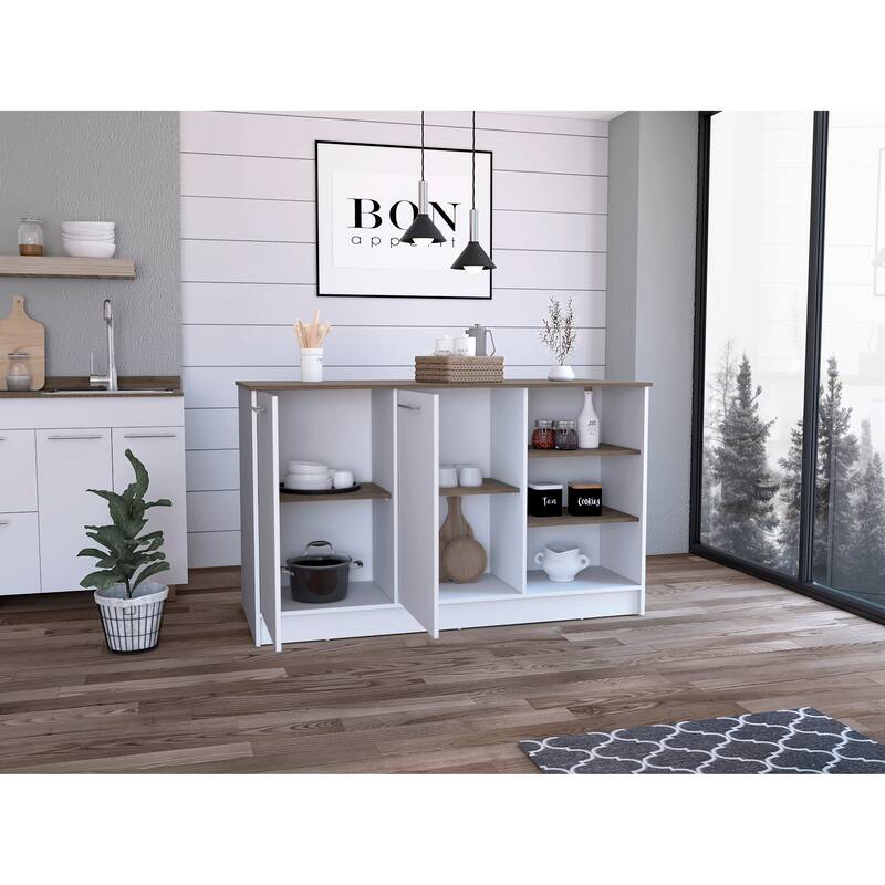 Kitchen Island Two Cabinets, Three Open Shelves, White / Dark Brown - Multicolor