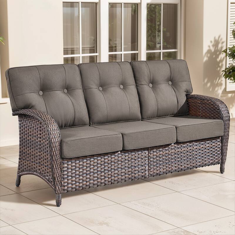 Gymojoy 3-Seater Outdoor Sofa - T-Shaped High Back & 5-inch Cushions, All-Weather PE Rattan for Patio, Garden, Balcony Lounging - Grey - 1-Piece
