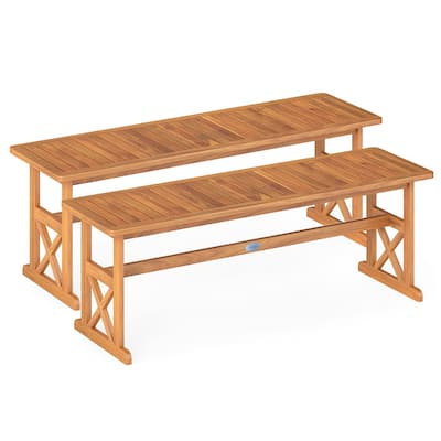 Gymax 2 PCS 51 Inches Acacia Wood Outdoor Bench w/ Slatted Seat &