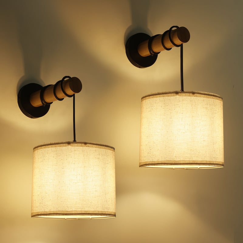 Starsky Indoor Wall Light Wall Sconces with White Fabric Linen Lampshades and Oak Wood Arm, Set of 2 - set of 2