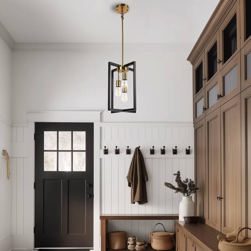 Industrial Farmhouse Pendant Lights, Rectangle 3-Light Modern Black and Golden Chandelier - Black and Gold - 13.78