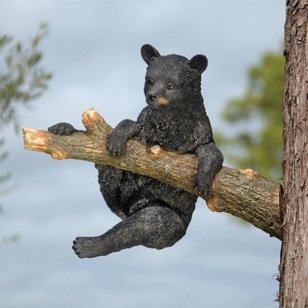 15" Black Bear Cub Climbing up a Branch Statue - N/A
