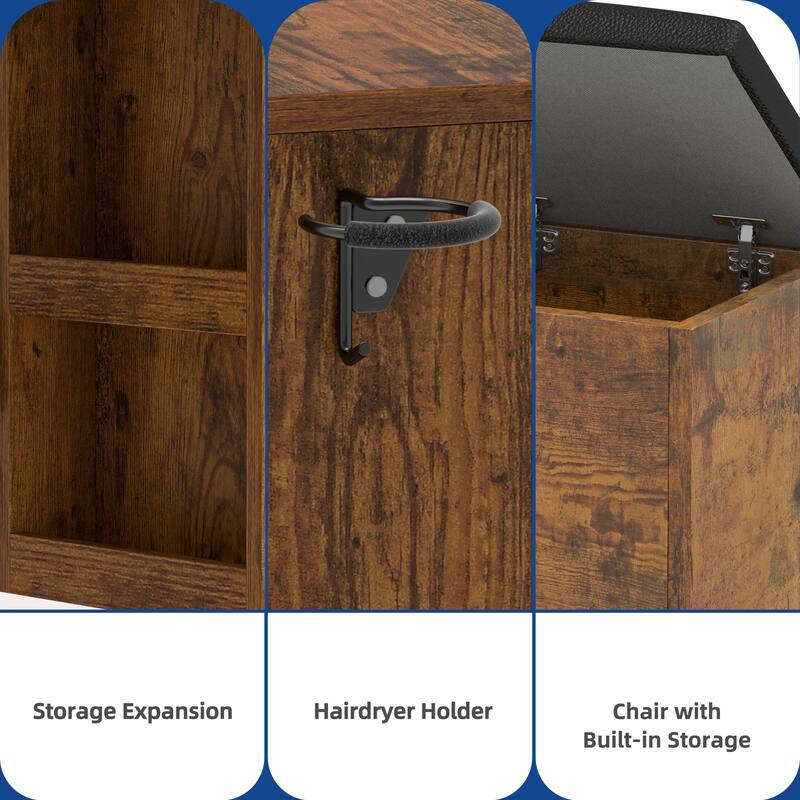 Moasis Makeup Vanity Set with Storage Stool and Round LED Touch Screen Mirror & Charger Station
