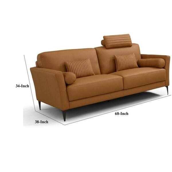 Eve 68 Inch Top Grain Leather Loveseat, 3 Accent Pillows, 2 Bolsters