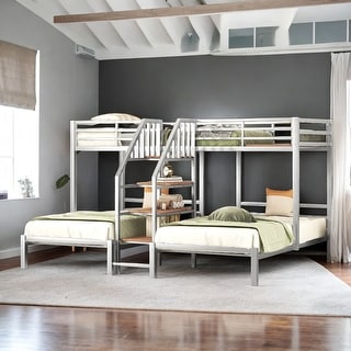 Twin over Twin & Twin Triple Bunk Bed with Shelves Staircase