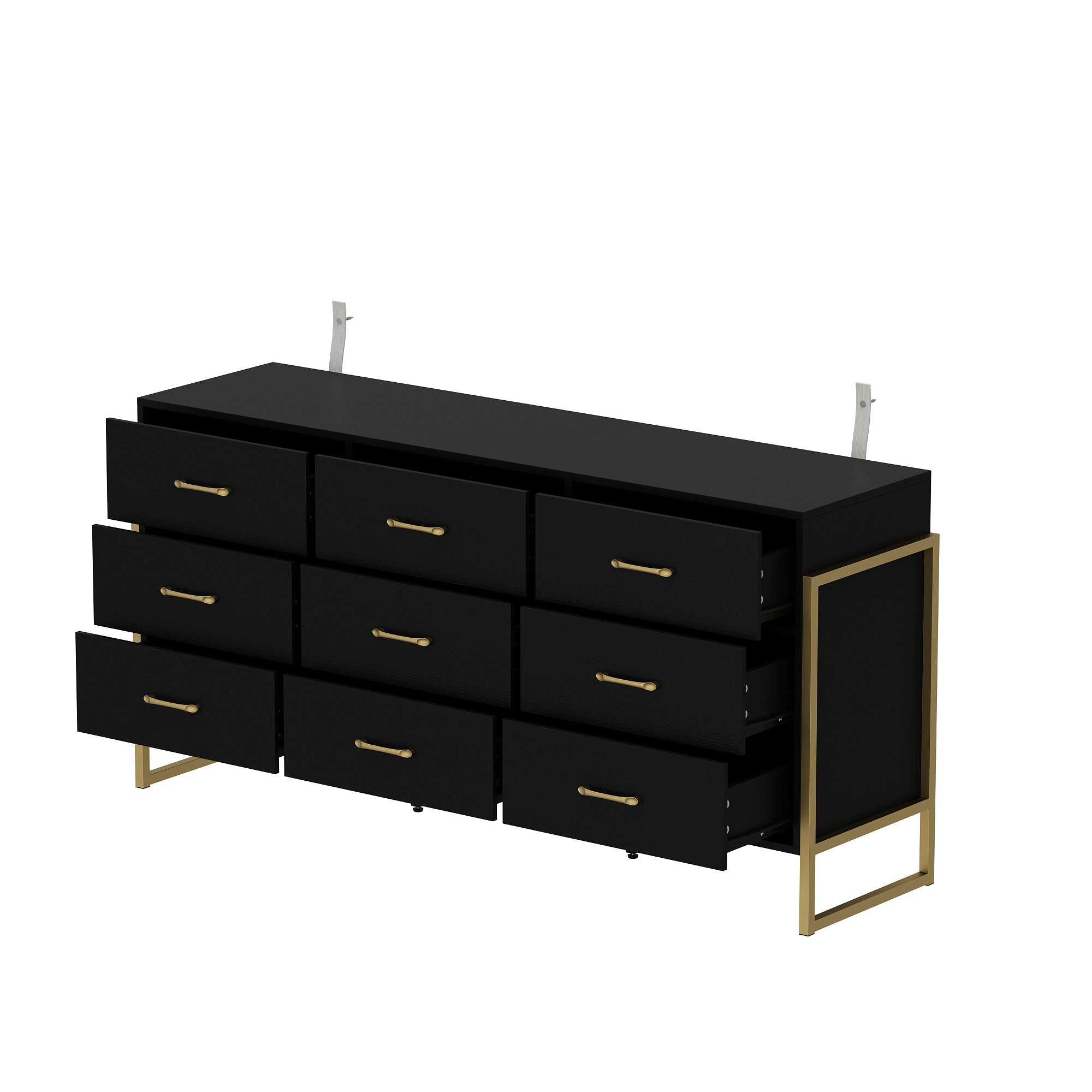 Timechee 61.4"W Modern Black Dresser with 9 Spacious Drawers - Gold Handles White