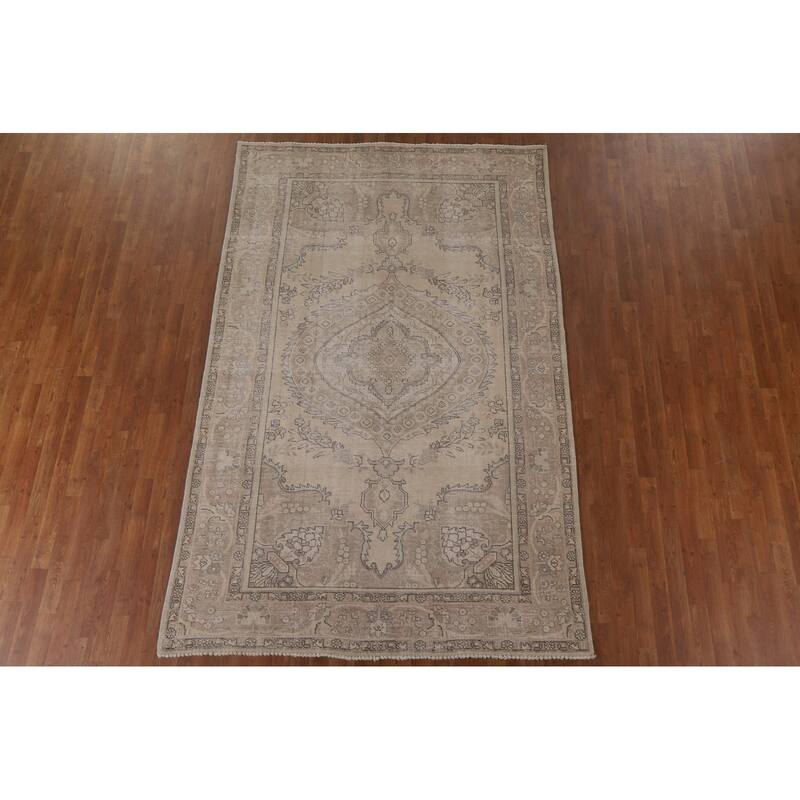 Beige Distressed Tabriz Persian Vintage Area Rug Handmade Wool Carpet - 6'3" x 9'8"