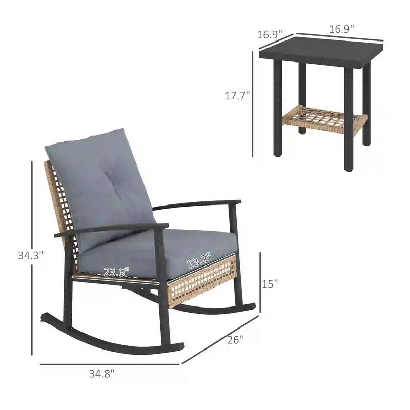 3-Piece Wicker Set, Rocking Chairs with Tufted Cushions,Coffee Table