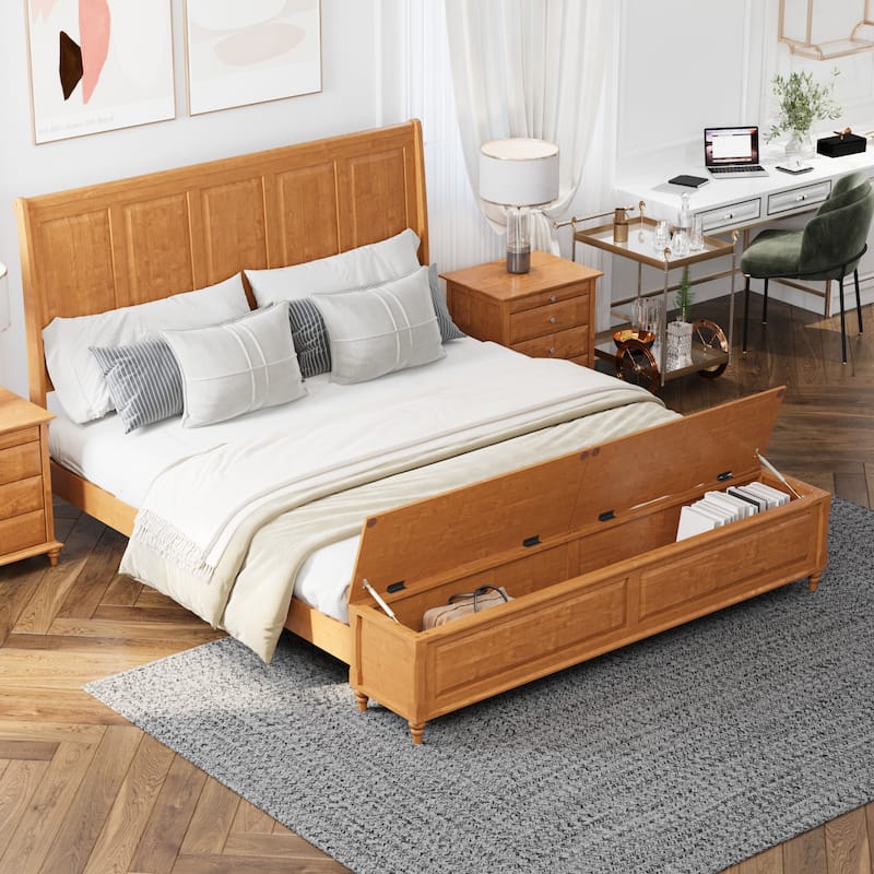 GDFStudio - Traditional Solid Wood Sleigh Bed Frame with High Paneled Headboard & Storage Chest Bench, No Box Spring Needed