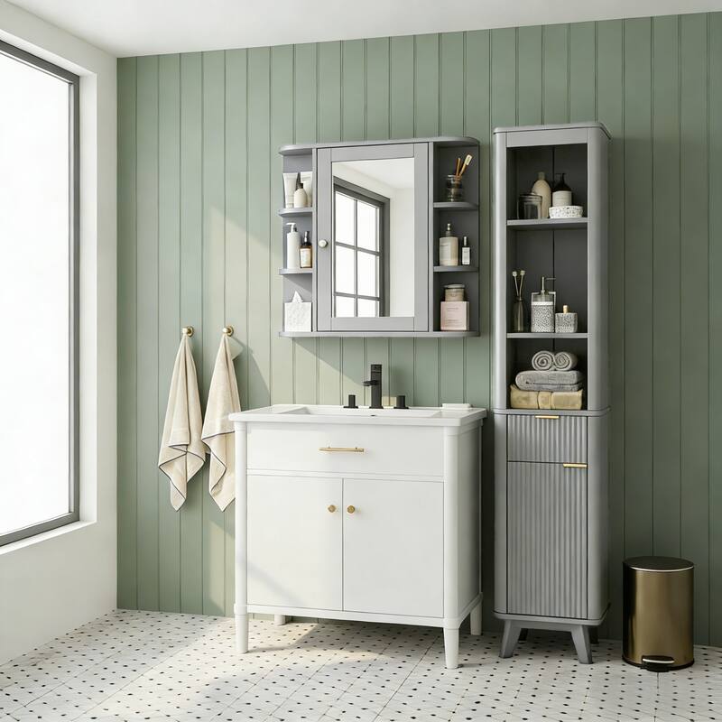 Bathroom Wall Storage Cabinet with Mirror, with Adjustable Wood Shelf & Doors, Mounted Storage Cabinets with 6 Open Shelves
