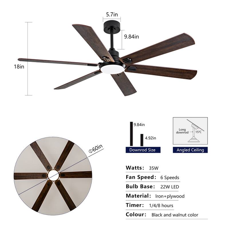 Smart 60" Indoor/Outdoor Ceiling Fan with Light, Dual Finish Black/Walnut 6-Blade, Remote Control, Dimmable LED