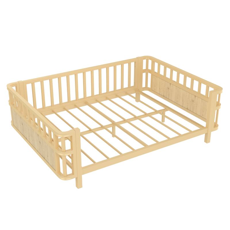 Children's double wooden platform bed with railings, a low iron double bed with railings, suitable for girls and boys (Full)