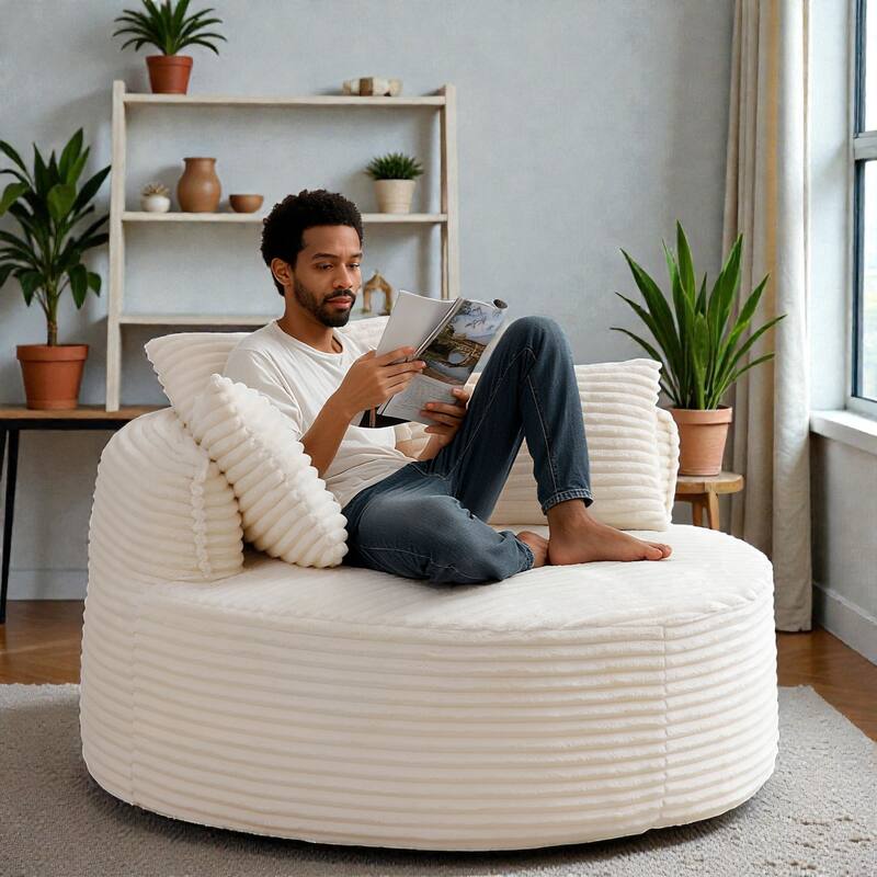 Round Accent Chair, Corduroy Boneless Deep Seat Floor Lounge Chair with 3 Pillows, No Assembly - Beige