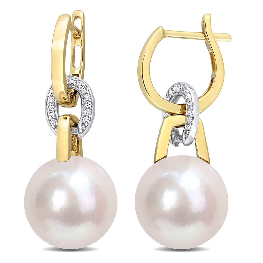 Miadora 11 12mm Cultured Freshwater Pearl & 1/10ct TDW Diamond Huggie Earrings in 14k Yellow and White Gold