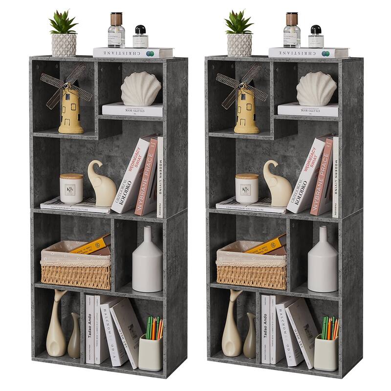 VECELO Widened Version Bookcase(Set of 2), 4-Tier Seven Open Cube Wooden Bookcase Organizer, Bookshelf / Book Storage