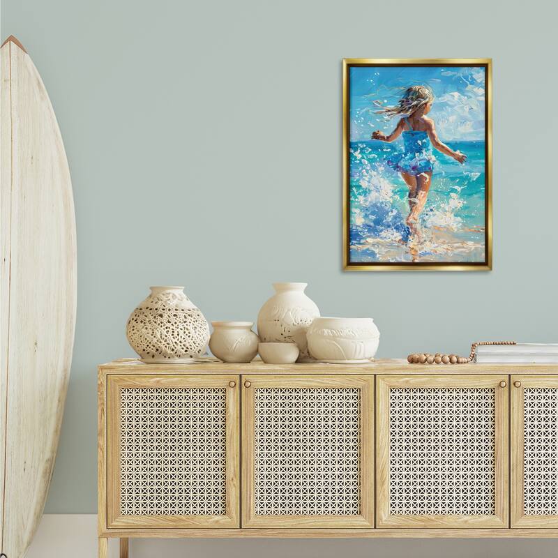 Stupell Girl Splashing on Shore Framed Floater Canvas Wall Art Design By LSR Design Studio