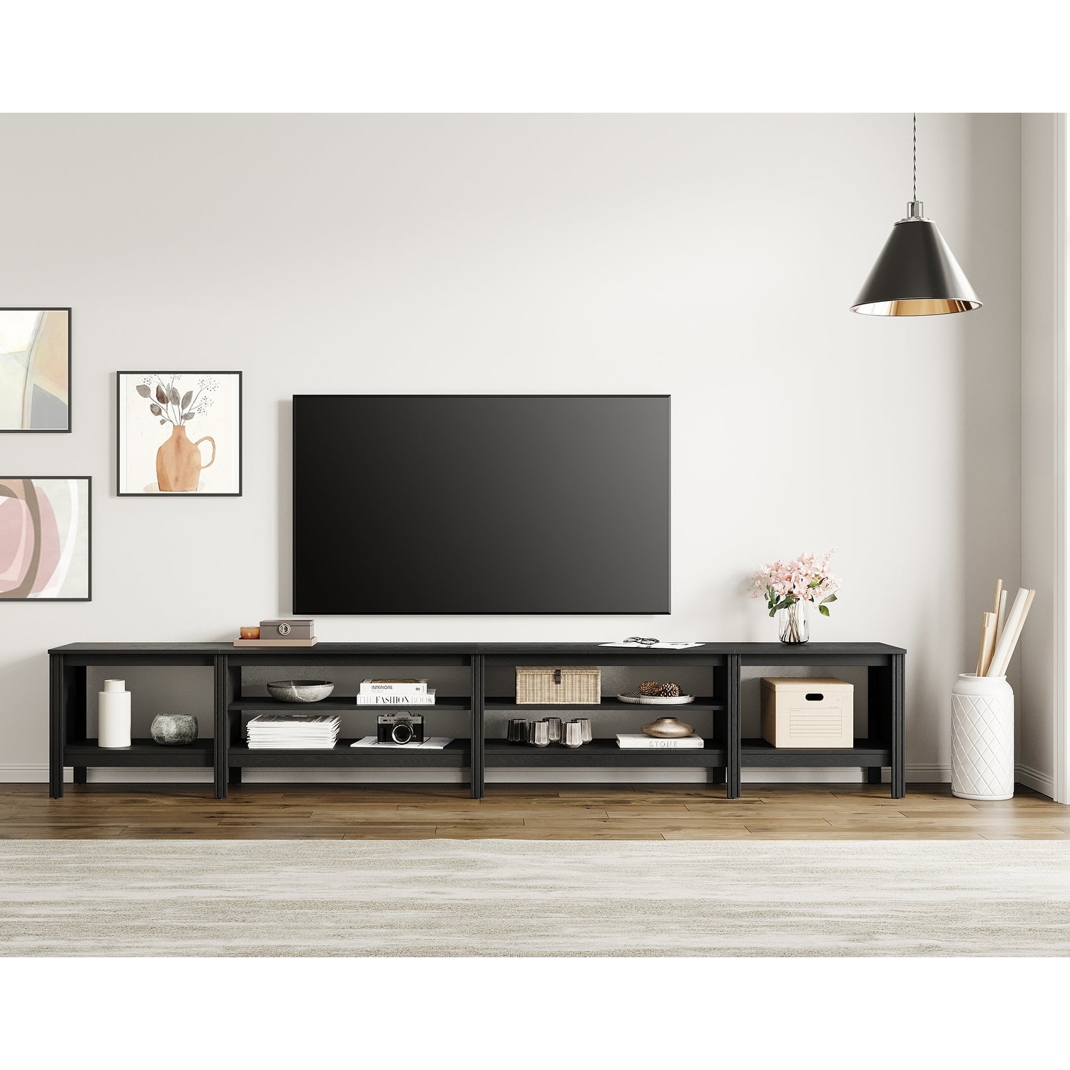 118-inch Modern TV Stand with 6 Storage Cabinets, Black Wood Console Table for Living Room