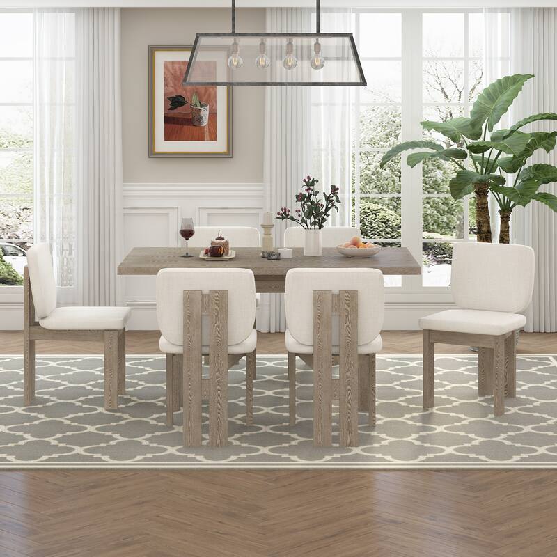 Vintage 7-Piece Dining Set, Rectangular Table with Trestle Base & 6 Upholstered Chairs