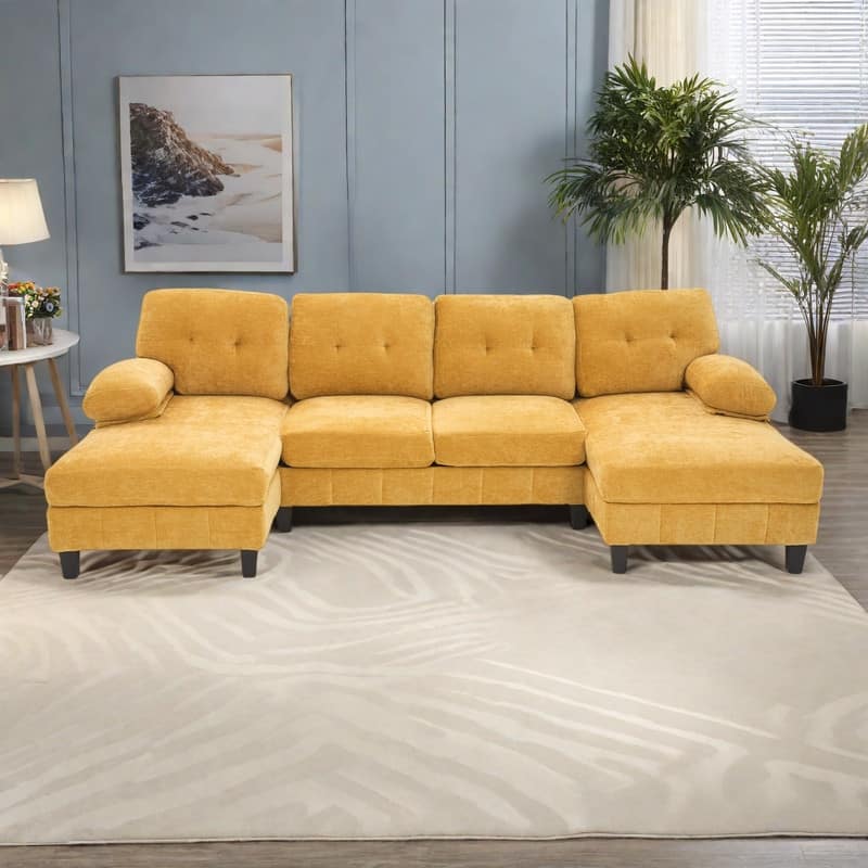 103.5" Chenille U-Shaped Sectional Sofa with Dual Chaise Lounges and Storage Pockets - Yellow