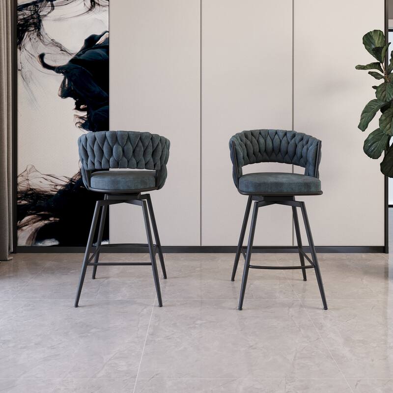 360 Swivel Suede Woven Bar Chair Set of 4, Upholstered Barstools with Metal Base