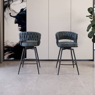 Blue Technical Leather Woven Bar Stool Set of 2 with 360° Swivel Seat