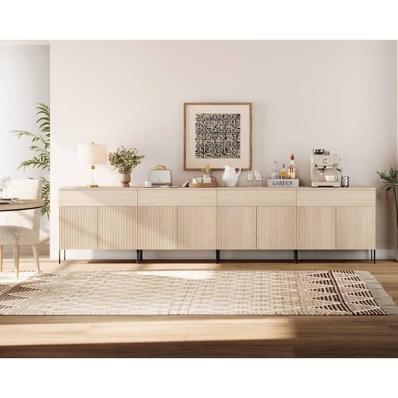 31.5" Wooden Reeded Sideboard With Doors And Drawer, Modern Credenza Storage Cabinet - 4PCS - Beige