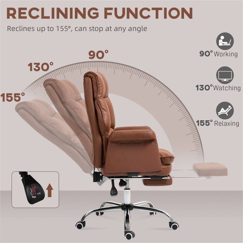PU Leather Reclining Office Chair with Footrest and Swivel - 27.2" W x 25.2" D x 43.3" - 46.5" H