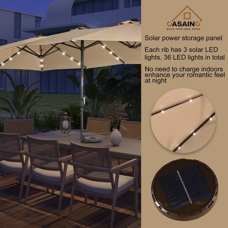 15-ft. Rectangular Crank Double-sided Outdoor Market Umbrella Solar LED Lighted Patio Umbrella with Base Included