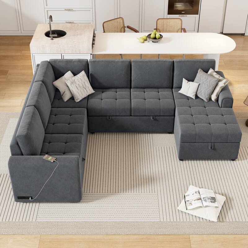 Grey 107.5" U-Shaped 5-Seater Sectional Sofa with Pull-Out Bed, Storage Chaise Lounge, USB Ports, and Power Outlets