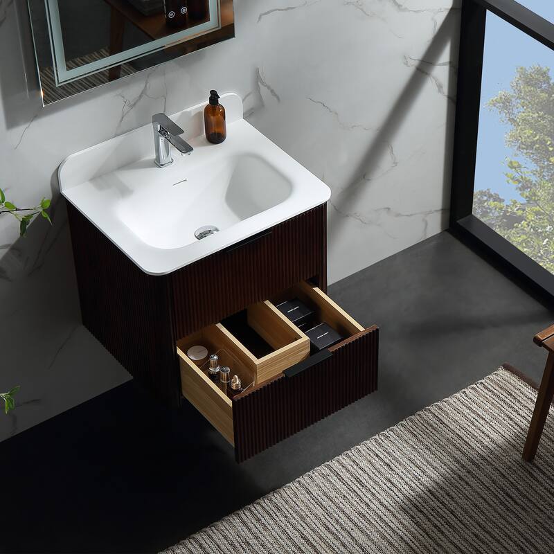 Modland Fluted Floating Vanity with Sink, Plywood Wall Mount Cabinet, Curved Edge, 24/30/36 Inch