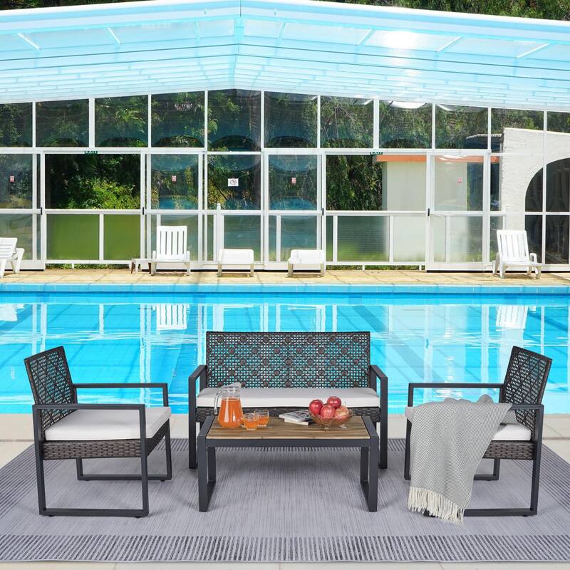 4-Piece Outdoor Patio Set with Double and Single Chairs, Acacia Wood Table, Durable PE Rattan Frame, Waterproof Cushions