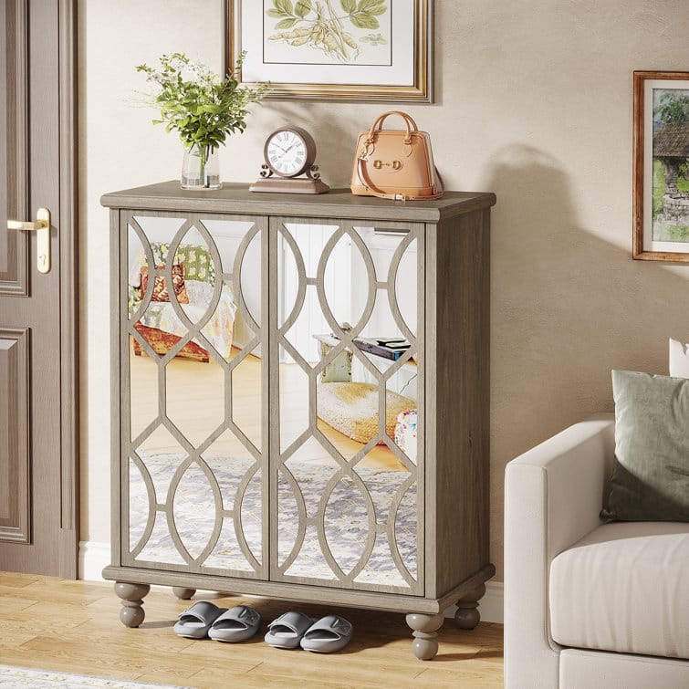 Mirror Shoe Cabinet, 5-Tier Large Wooden Shoe Organizer Cabinet - 31.49" W x 14.17" D x 43.30" H - 31.49" W x 14.17" D x 43.30" H