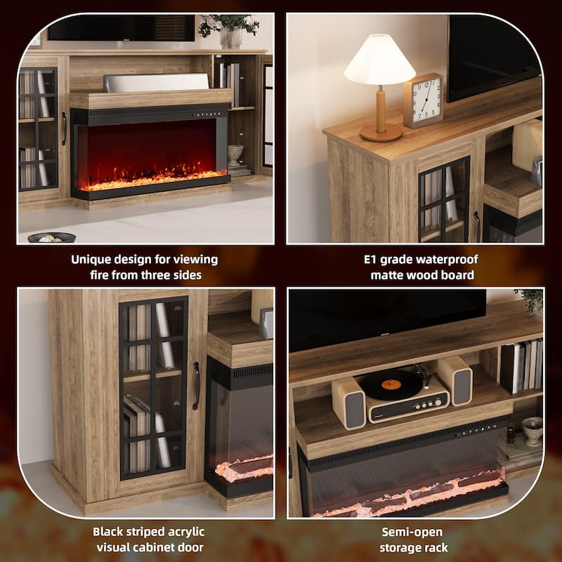 70" Fireplace TV Stand with 3-Sided Glass, ETL Certified, 12 Flame Colors, Realistic Ember Bed, Accommodates TVs up to 80"