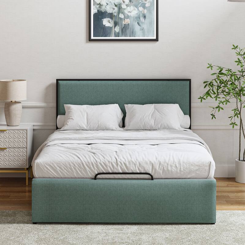 Oliver Modern Washable Slipcover Bed Upholstered Metal by HULALA HOME - SAGE - Queen