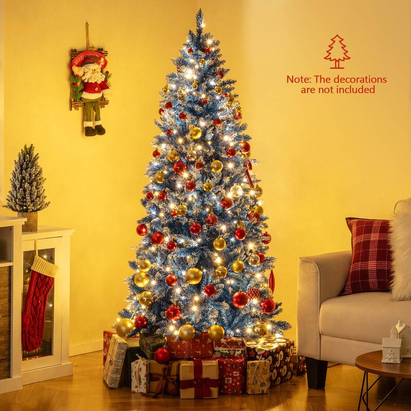 Gymax Pre-Lit Artificial Christmas Tree Blue Hinged Xmas Tree w/