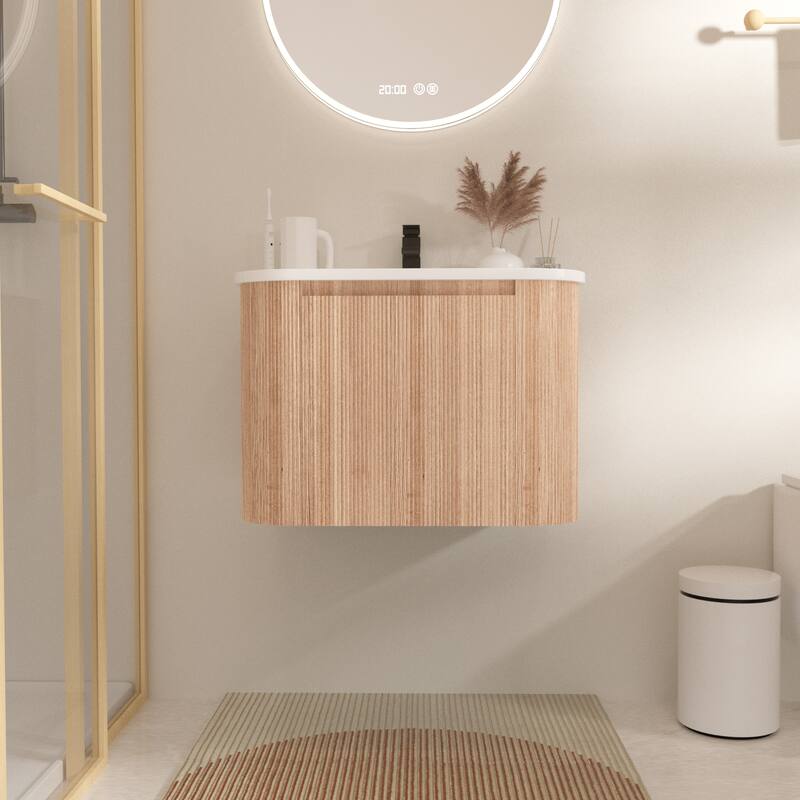 24 Inch Wall Mounted Bathroom Vanity with Sink Curved Design, Modern Floating Vanity Cabinet with Soft Close Drawer
