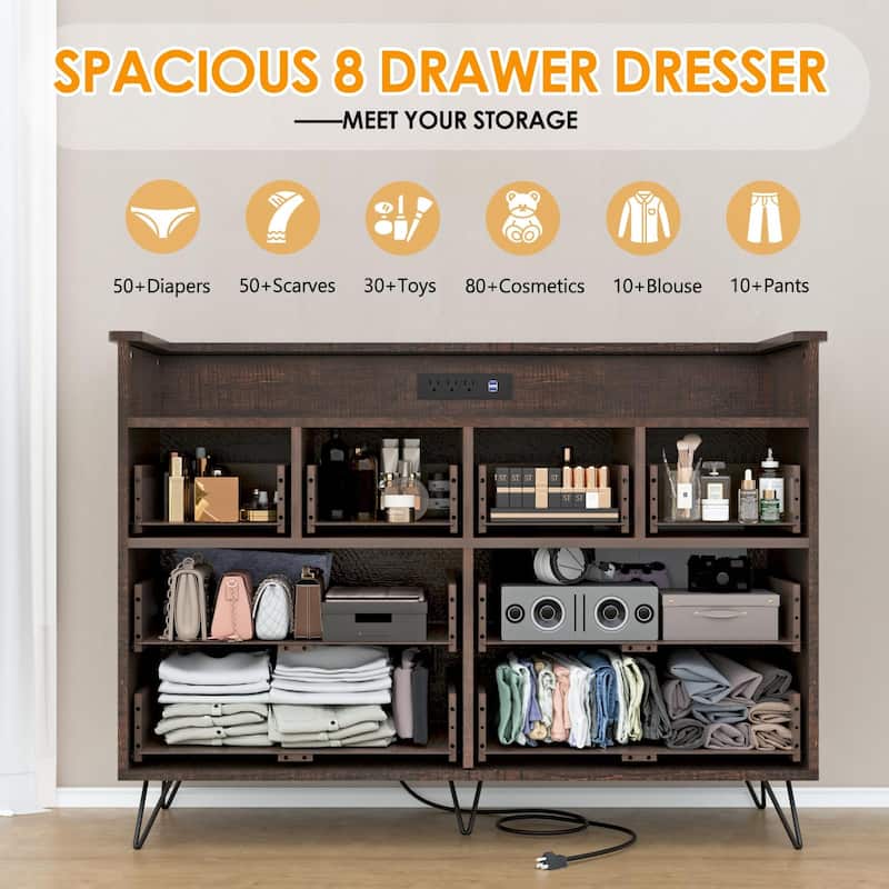 8 Drawer Dresser for Bedroom with LED Light, Charging Station & Open Shelf