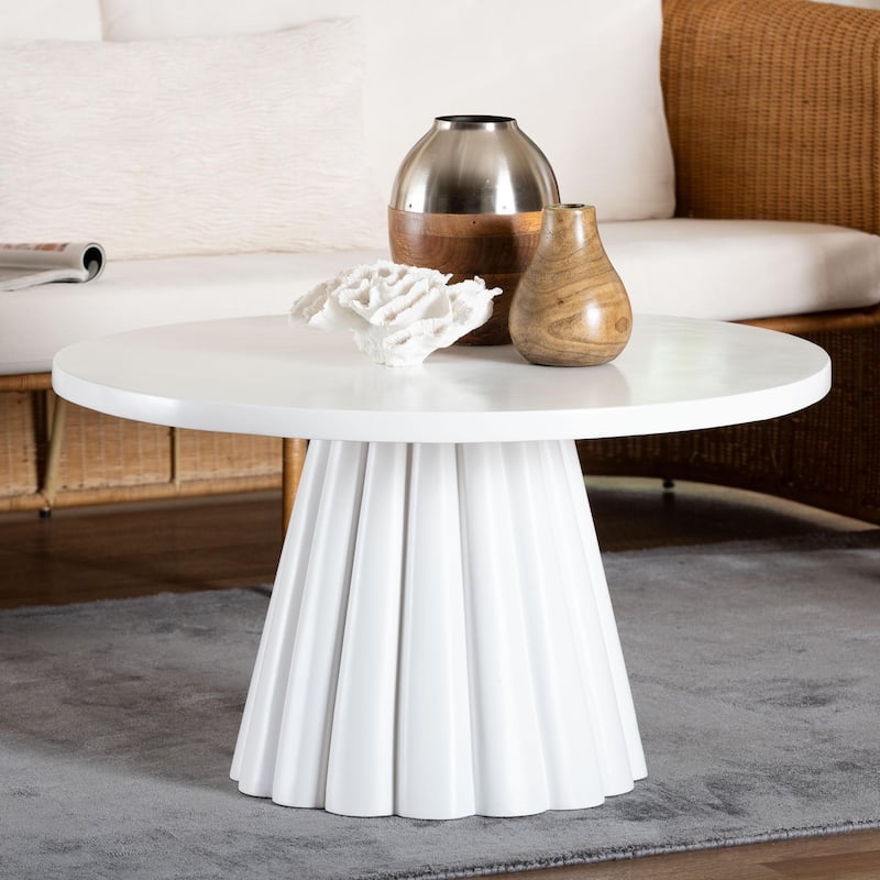 Parvana Round Coffee Table with Fluted Pedestal Base - Contemporary White Resin Accent Table for Living Room