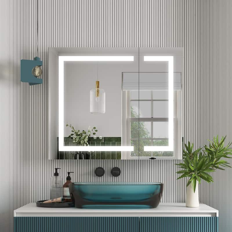 30" H Recessed or Surface LED Mirror Cabinet with Adjustable Glass Shelves,Defogger, Dimmer And Outlets & USB Ports - 36"W X30"H,Both Side Open